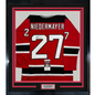 Framed Autographed/Signed Scott Niedermayer "HOF 2013" 35x39 New Jersey Red Hockey Jersey JSA COA
