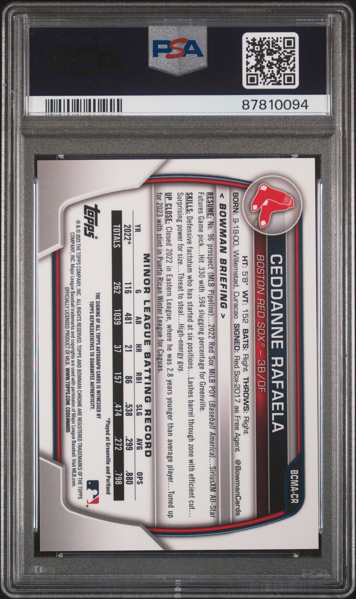 Graded 2023 Topps Bowman Chrome Mega Box Ceddanne Rafaela #CR Autograph Rookie RC Baseball Card PSA 10 Gem Mint