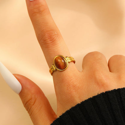 Stainless Steel Openwork Pearl & Tiger Eye Ring