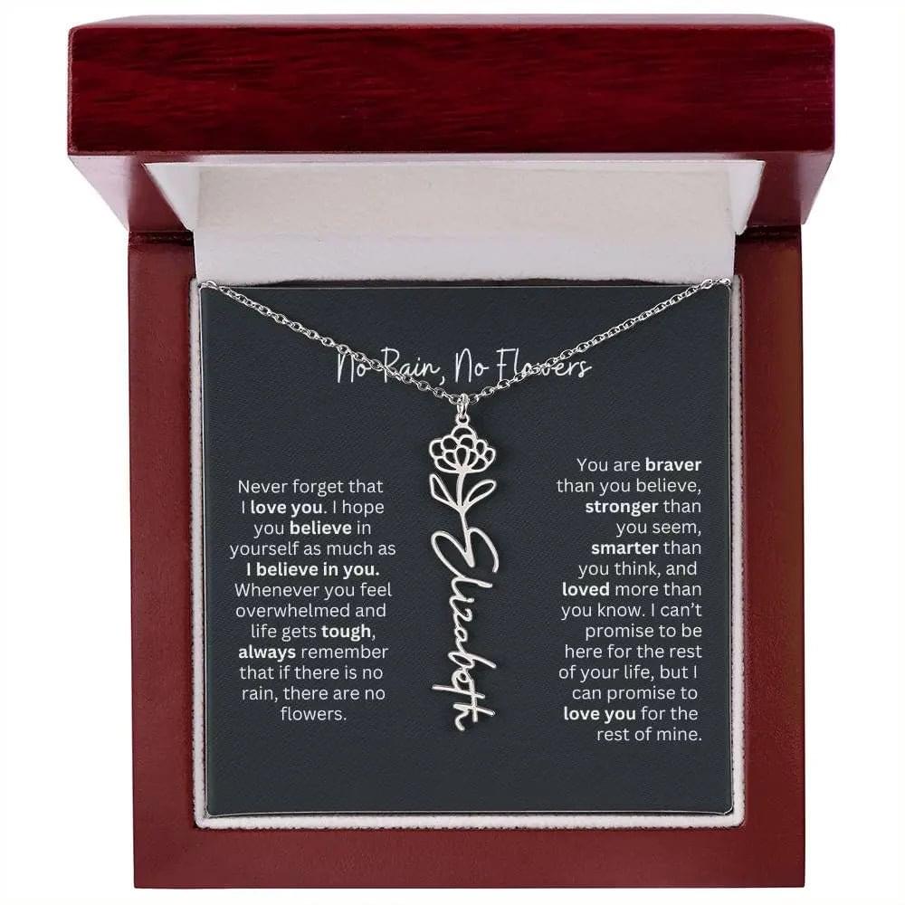 No Rain No Flowers Birth Necklace - Personalized Name Jewelry