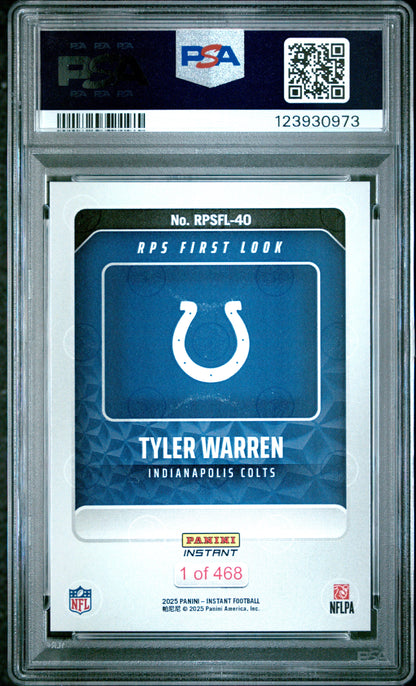 Graded 2025 Panini Instant Tyler Warren #RPSFL40 RPS First Look Rookie RC Football Card PSA 10 Gem Mint