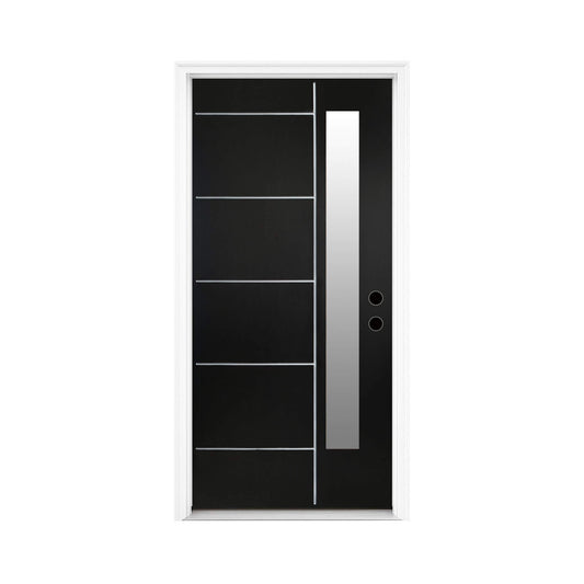 [36X80-Inch] Nuvia Black Modern Left Inswing Fiberglass Entry Door With Frosted Glass (SAK25849)