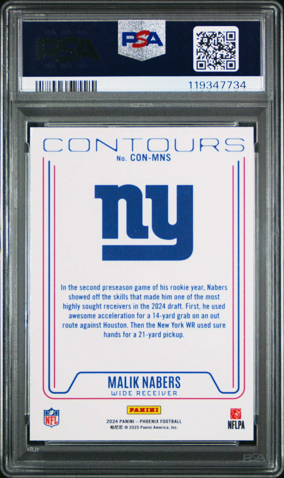 Graded 2024 Panini Phoenix Malik Nabers #CONMNS Contours Rookie RC Football Card PSA 10 Gem Mint