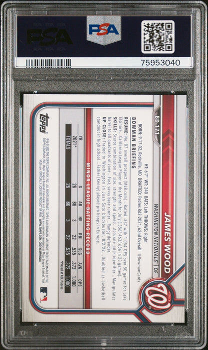 Graded 2022 Topps Bowman Draft 1st Ed James Wood #171 Rookie RC Baseball Card PSA 10 Gem Mint