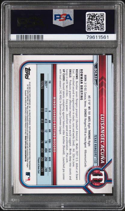 Graded 2022 Topps Bowman Luisangel Acuna #BCP72 Chrome Prospects Aqua Shimmer Refractor /125 Rookie RC Baseball Card PSA 10 Gem Mint