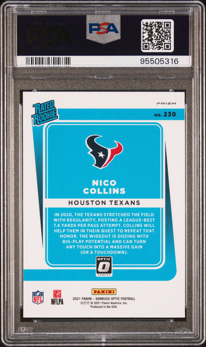 Graded 2021 Panini Donruss Optic Nico Collins #230 Blue Scope Rookie RC Football Card PSA 10 Gem Mint