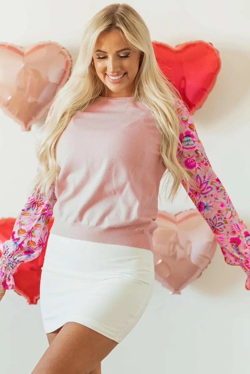 Sweaters Love Salve Pink Floral Smocked Top Women's Daily Wear Knit Top - Soft & Southern Belle
