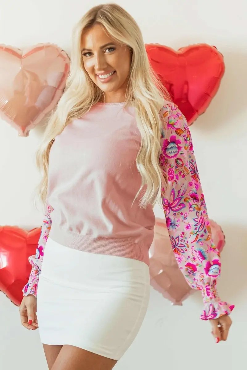 Sweaters Love Salve Pink Floral Smocked Top Women's Daily Wear Knit Top - Soft & Southern Belle