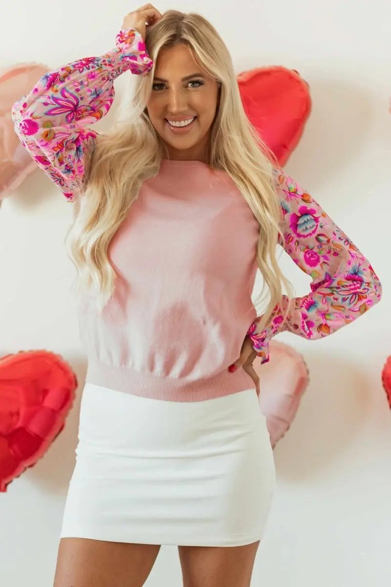 Sweaters Love Salve Pink Floral Smocked Top Women's Daily Wear Knit Top - Soft & Southern Belle