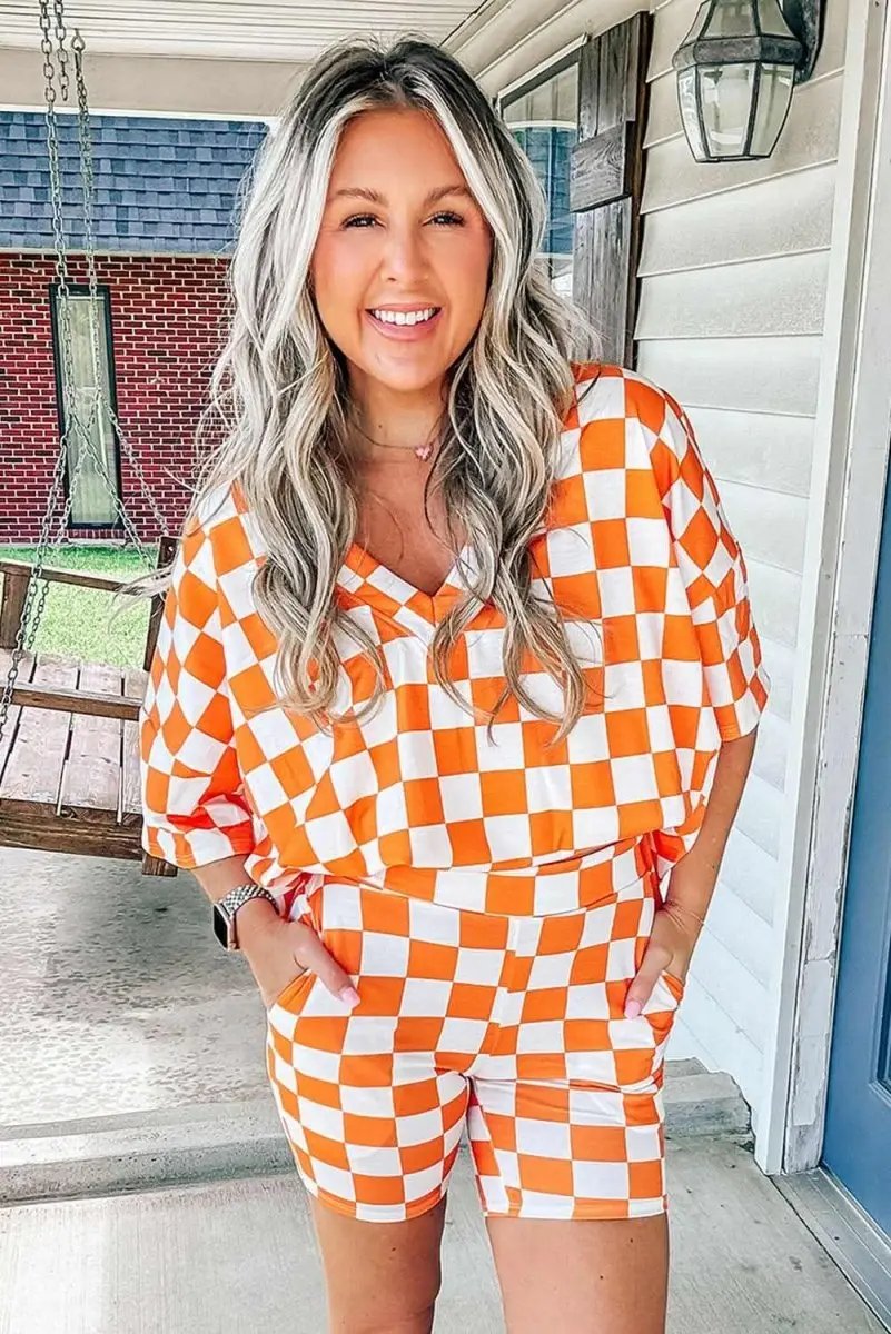 T-Shirts Love Salve Orange Checkerboard Women's Lounge Set Home Casual Comfy Short Set