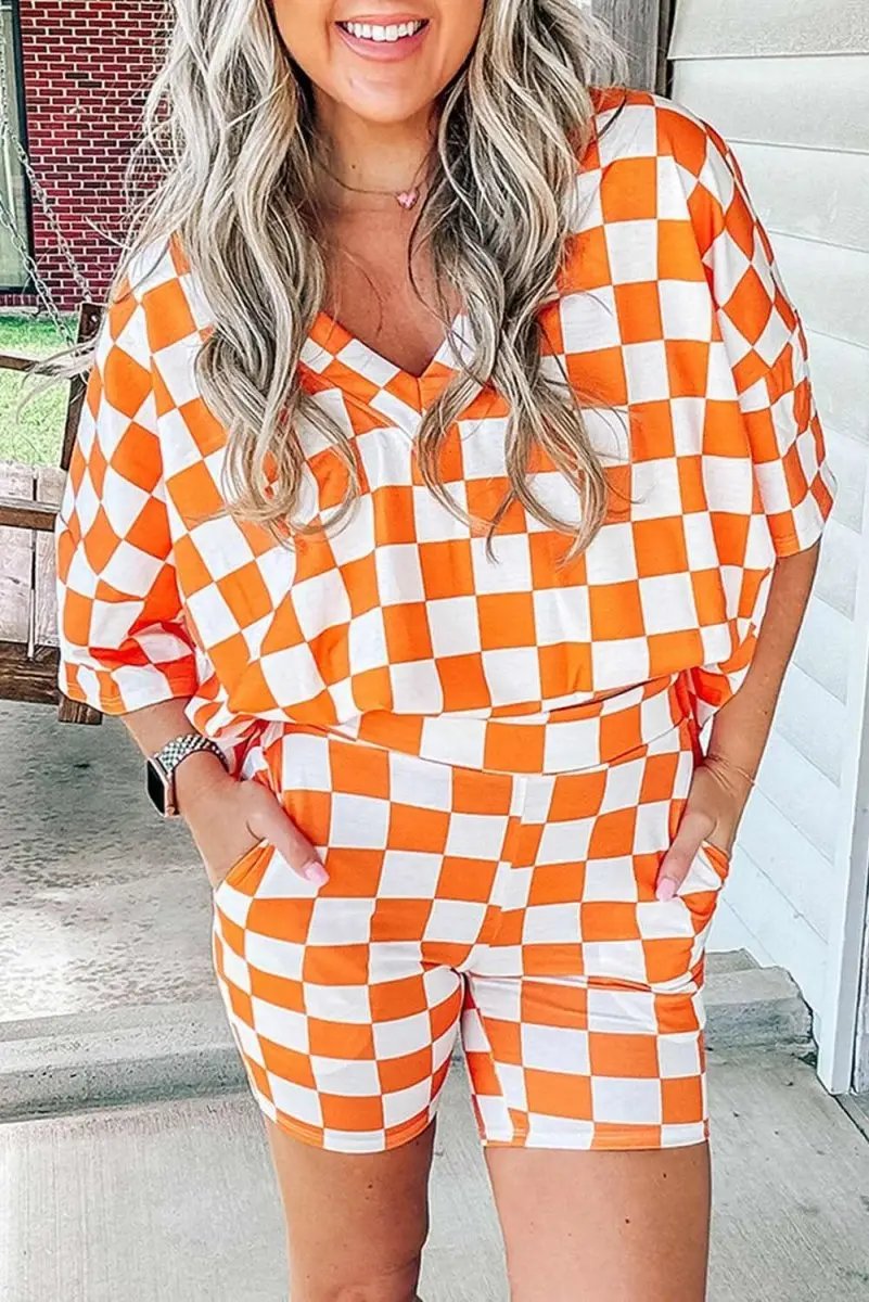 T-Shirts Love Salve Orange Checkerboard Women's Lounge Set Home Casual Comfy Short Set