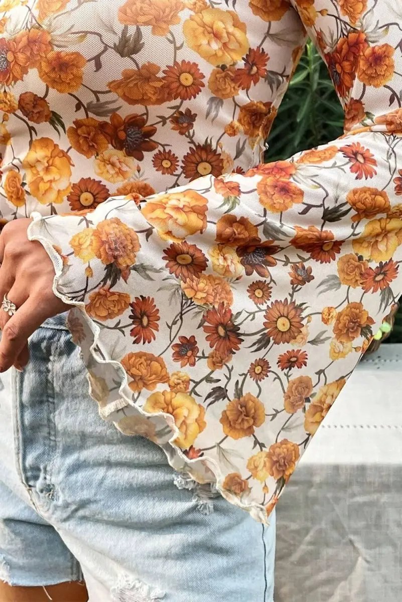 Orange Floral Blouse Women's Top by Love Salve