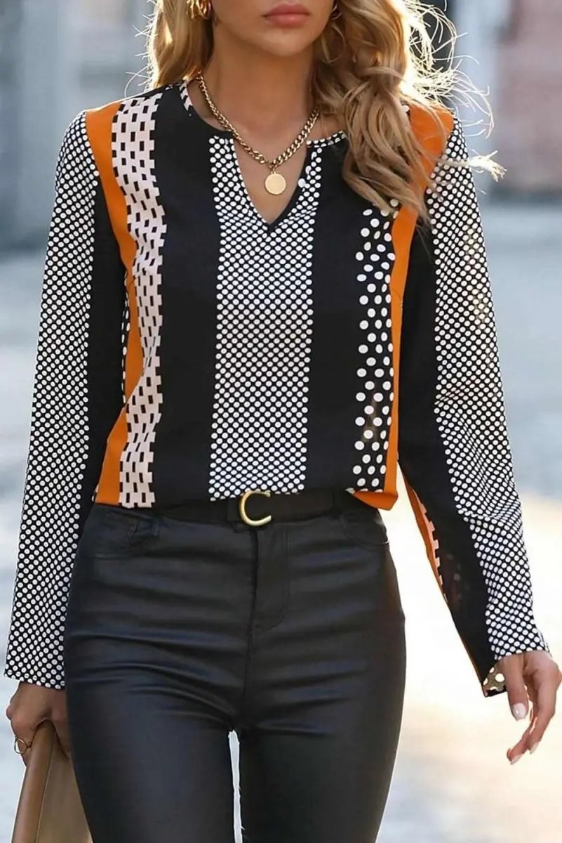 Love Salve Orange Colorblock Blouse | V-Neck Polyester Top