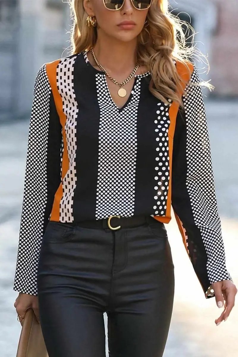 Love Salve Orange Colorblock Blouse | V-Neck Polyester Top