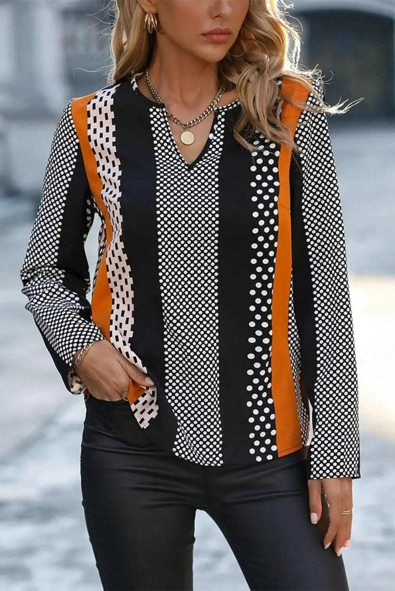 Love Salve Orange Colorblock Blouse | V-Neck Polyester Top