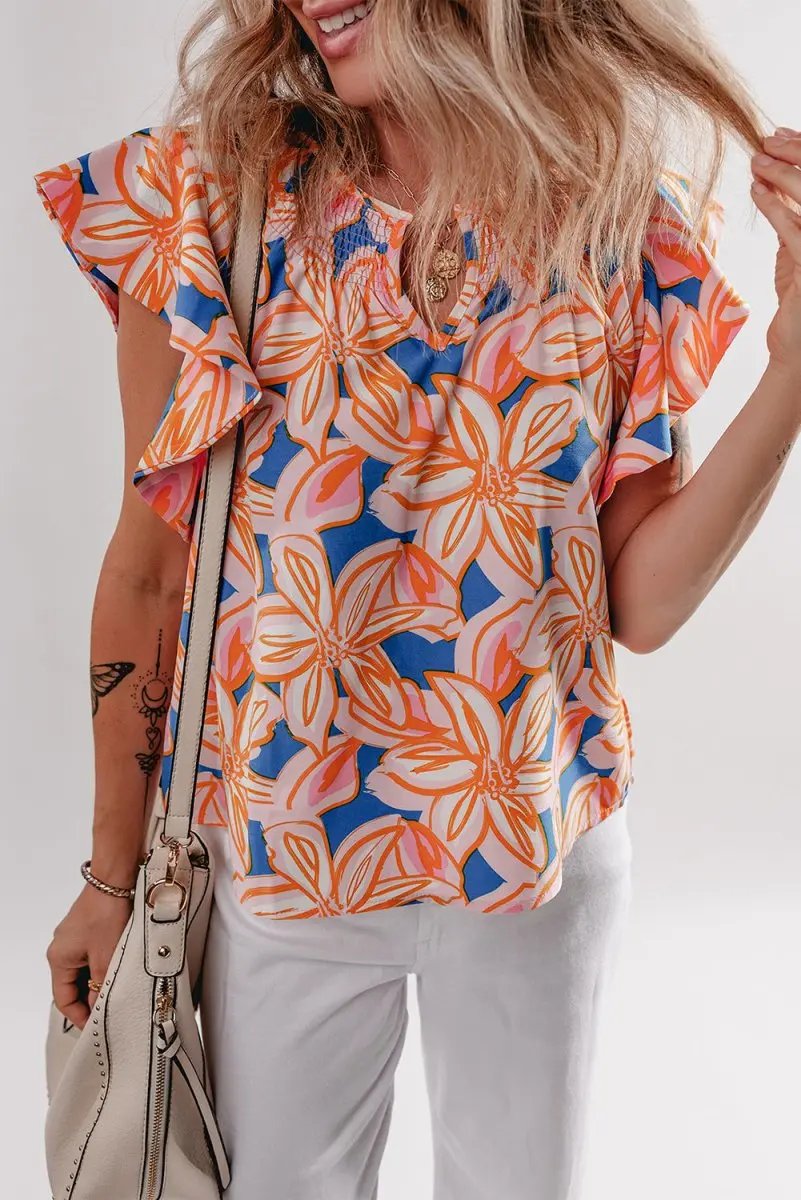 Women's Blouse Women's Floral Blouse - Ruffle Sleeve & Notched Neck - Summer Top