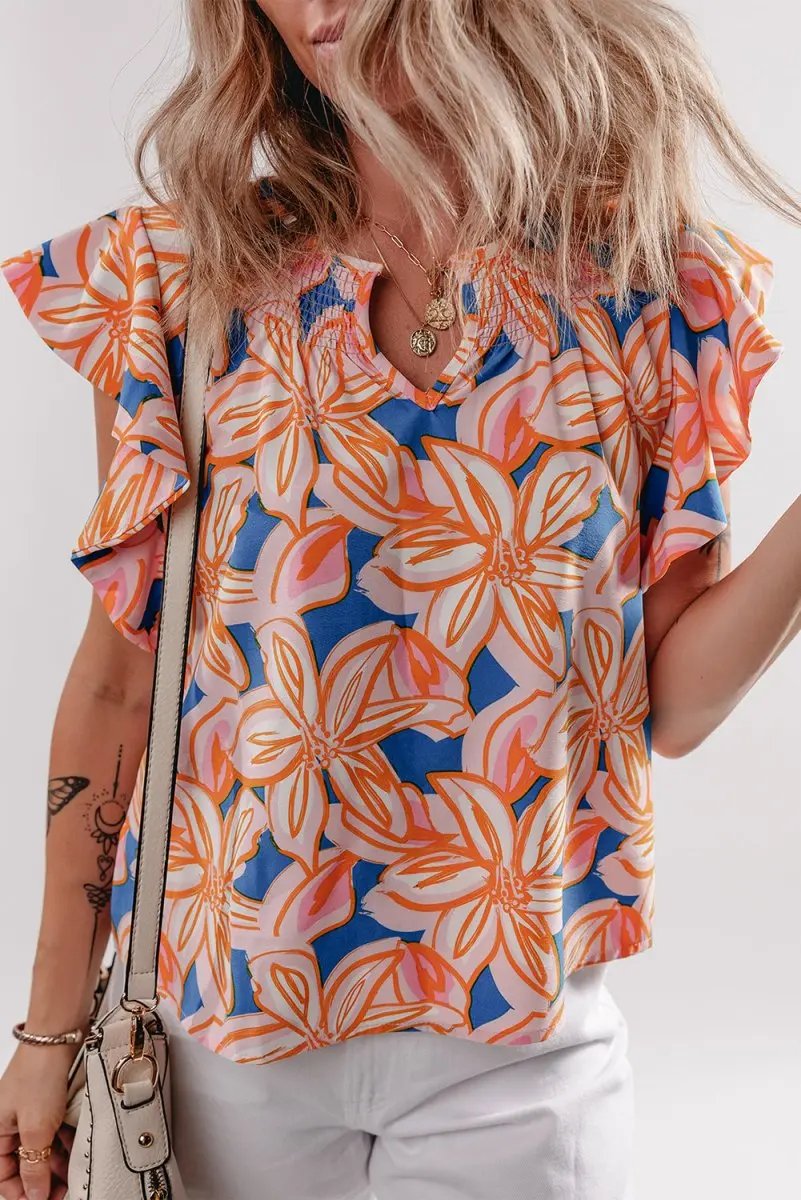 Women's Blouse Women's Floral Blouse - Ruffle Sleeve & Notched Neck - Summer Top