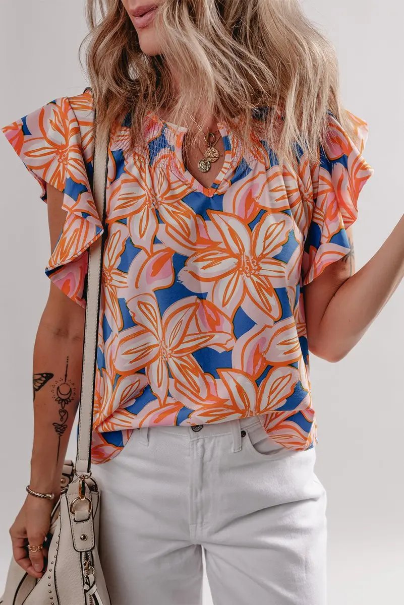 Women's Blouse Women's Floral Blouse - Ruffle Sleeve & Notched Neck - Summer Top