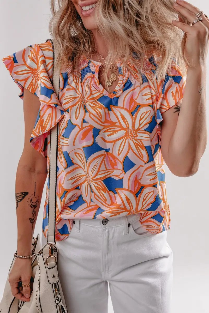 Women's Blouse Women's Floral Blouse - Ruffle Sleeve & Notched Neck - Summer Top
