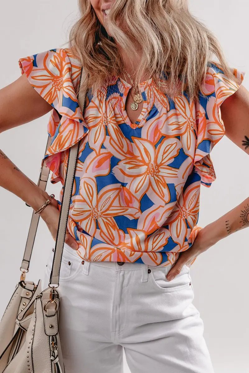 Women's Blouse Women's Floral Blouse - Ruffle Sleeve & Notched Neck - Summer Top