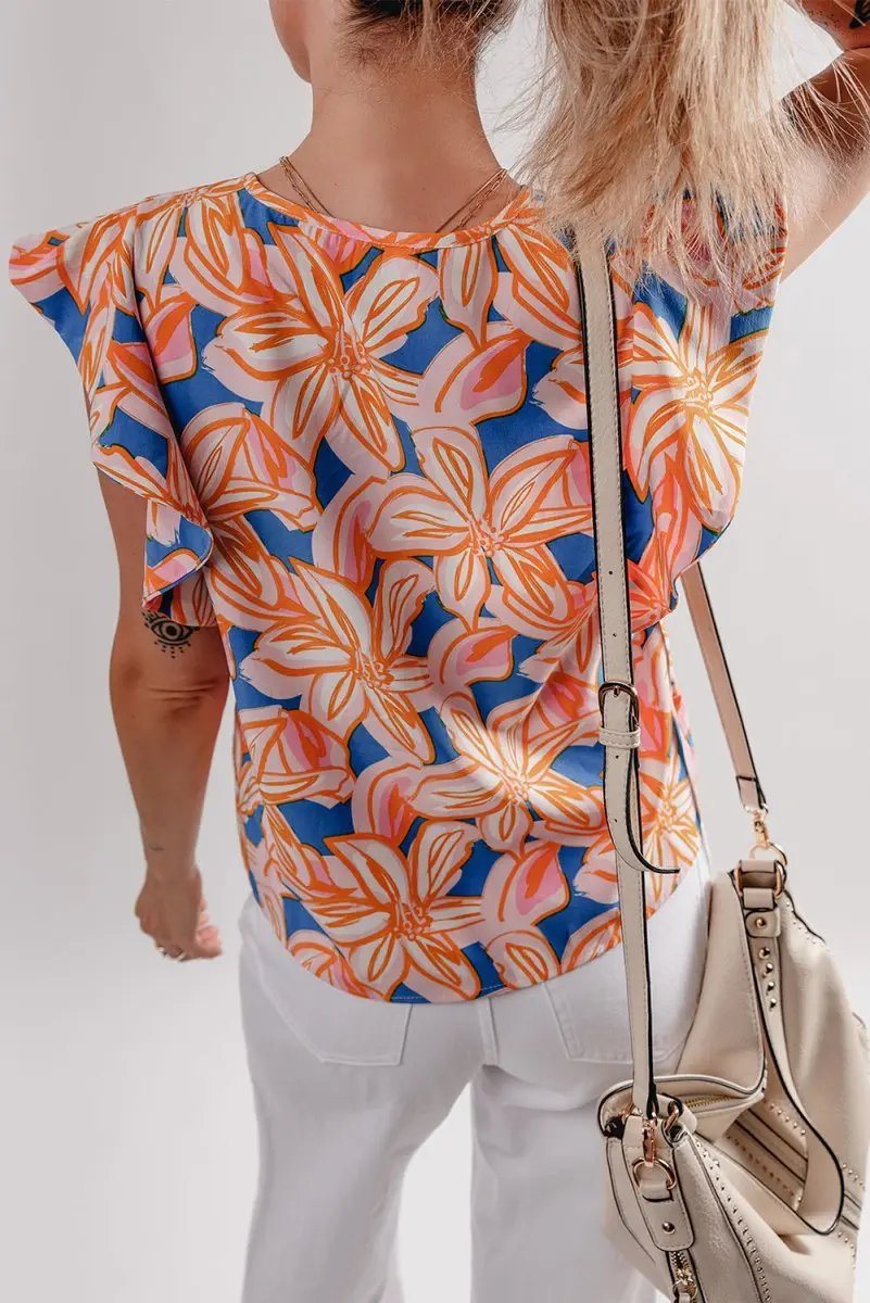 Women's Blouse Women's Floral Blouse - Ruffle Sleeve & Notched Neck - Summer Top