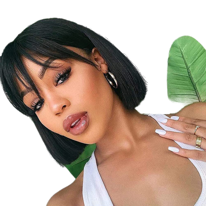 VIP Extensions Human Hair Short Bob Wig with Bangs, 16 in