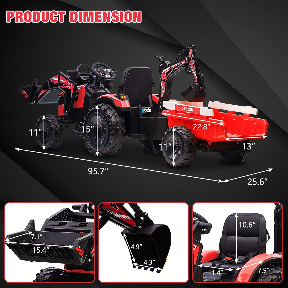 Outdoor Excavator and Bulldozer Ride-On Toy with Trailer and LED Lights for Kids