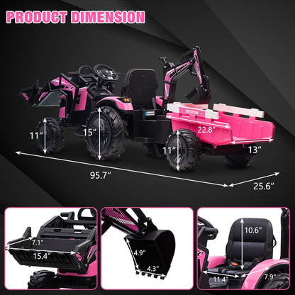 Outdoor Excavator and Bulldozer Ride-On Toy with Trailer and LED Lights for Kids