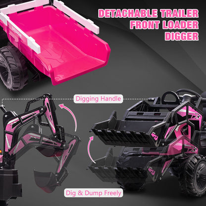 Outdoor Excavator and Bulldozer Ride-On Toy with Trailer and LED Lights for Kids