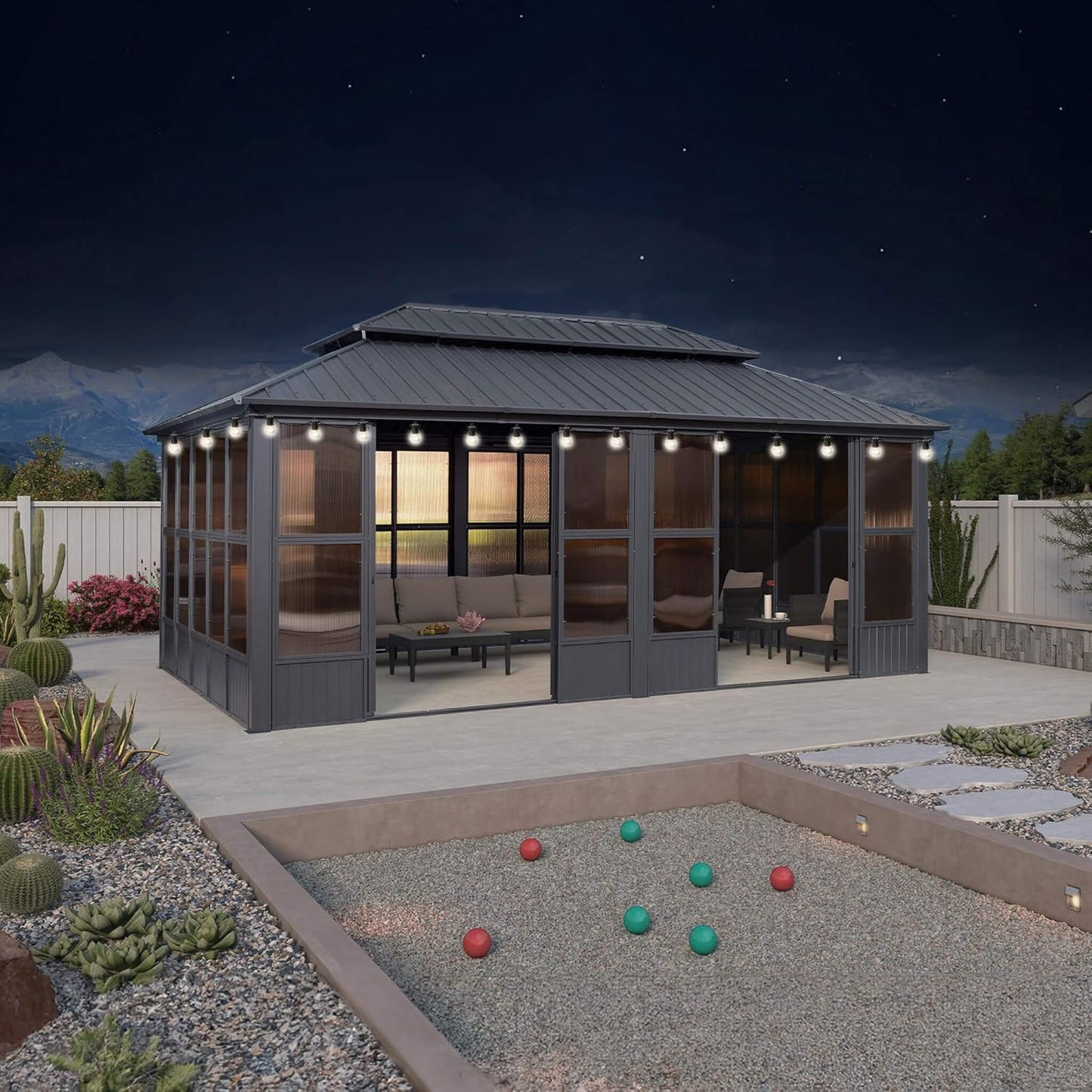 Alora Vista Outdoor Hardtop Aluminum Solarium With Double Roof And LED Lights (SAK42086)