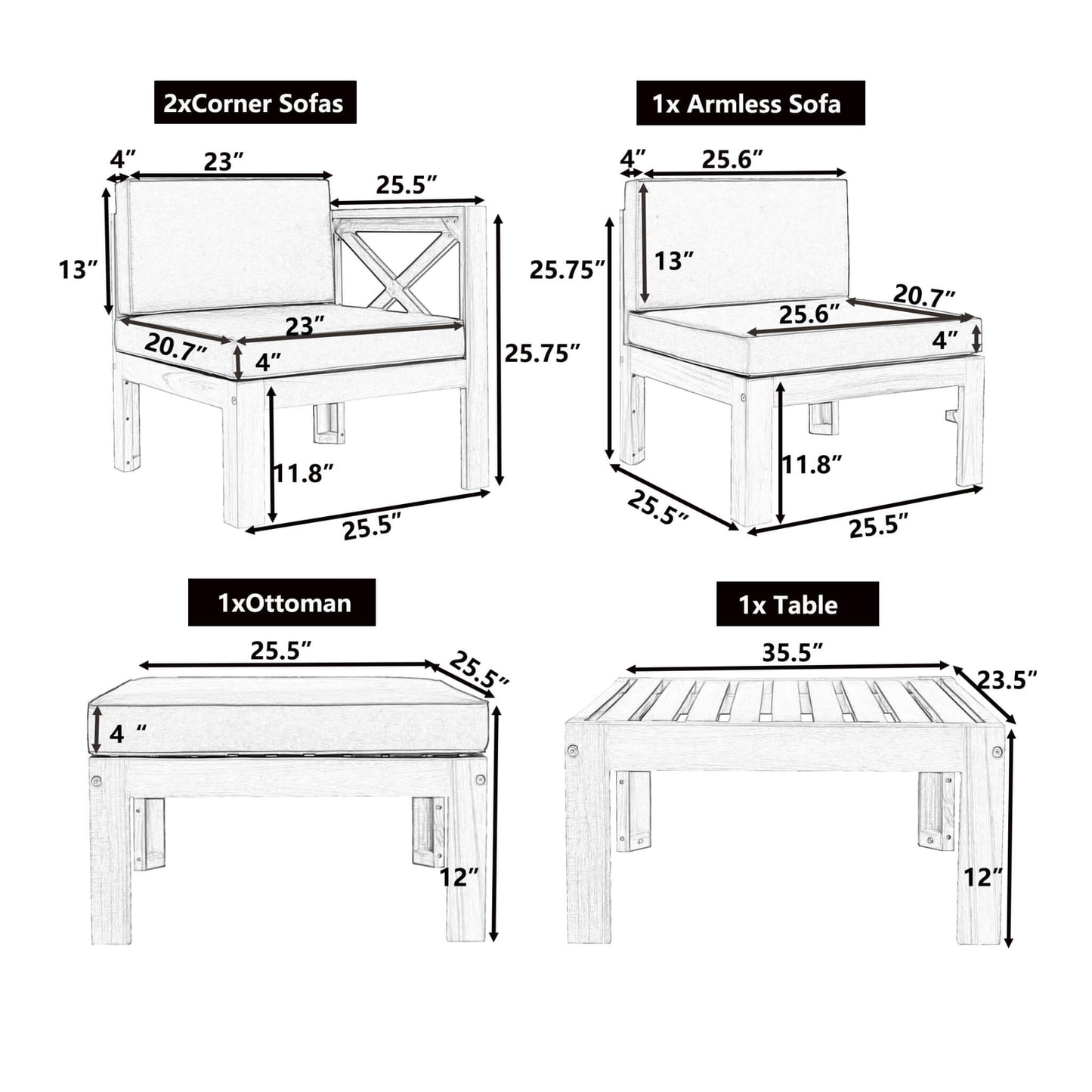 Alora 5-Piece Outdoor Patio Wood Sectional Sofa Set With Cushions (SAK31297)
