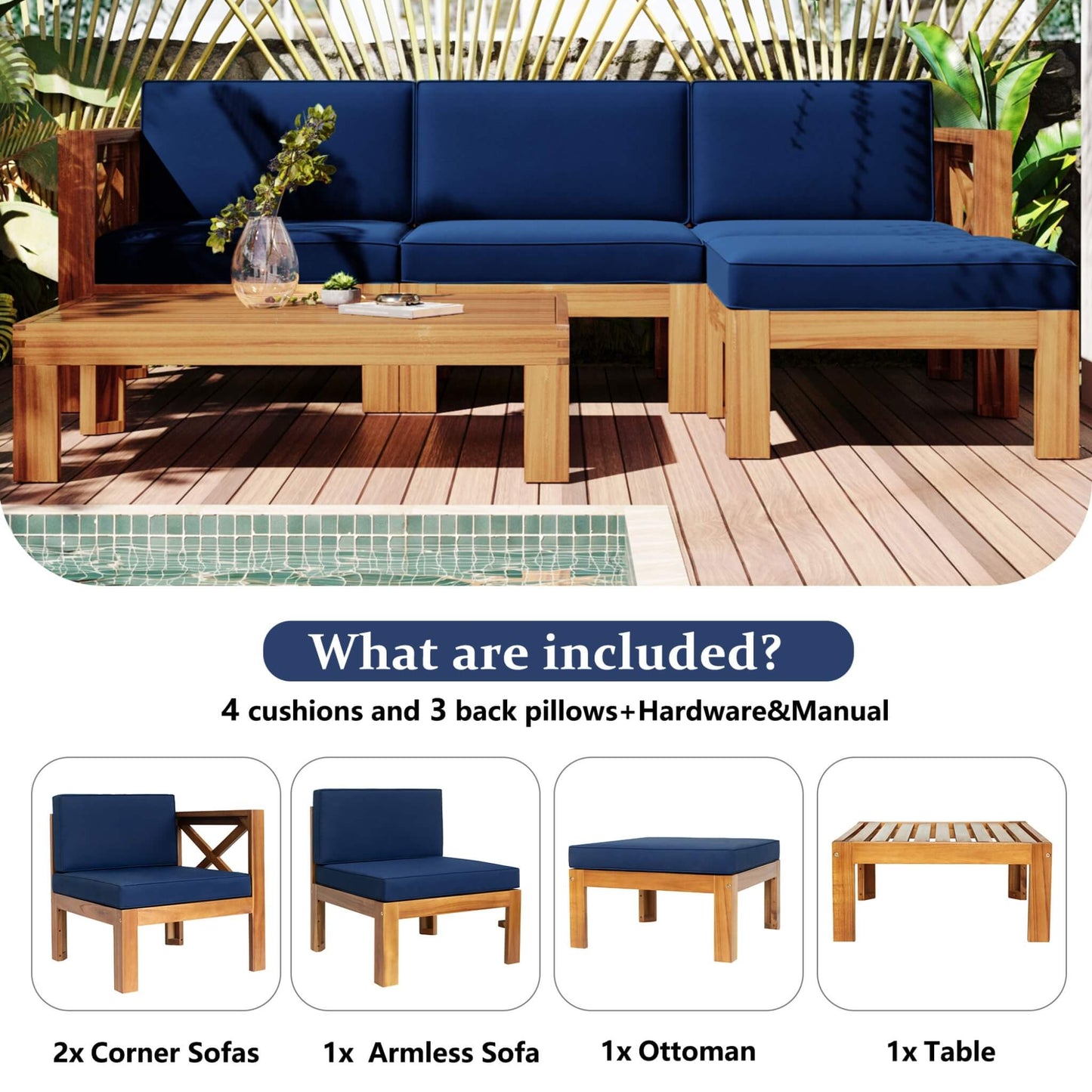 Alora 5-Piece Outdoor Patio Wood Sectional Sofa Set With Cushions (SAK31297)