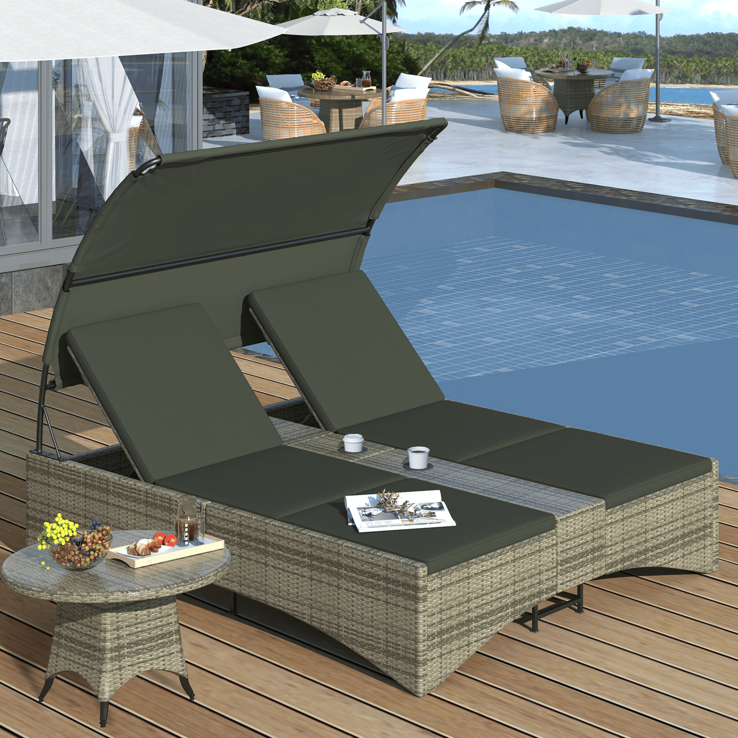 Alora Outdoor Rattan Patio Daybed With Adjustable Backrest, Canopy Roof, Storage Box And Cup Holders (SAK54220)