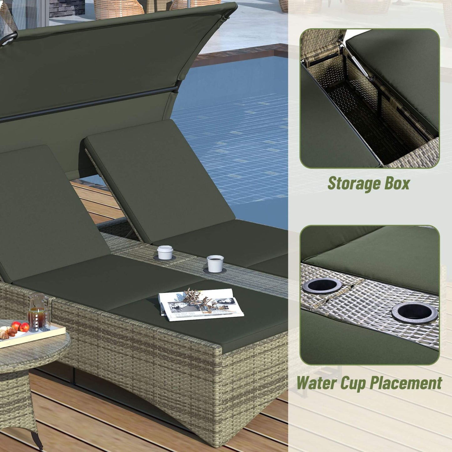 Alora Outdoor Rattan Patio Daybed With Adjustable Backrest, Canopy Roof, Storage Box And Cup Holders (SAK54220)