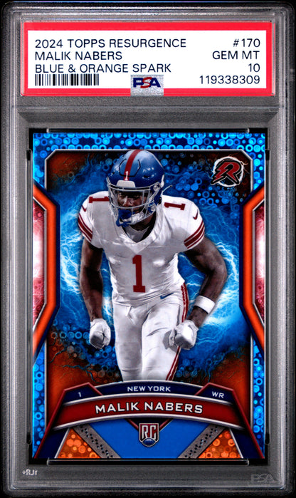 Graded 2024 Topps Resurgence Malik Nabers #170 Blue & Orange Spark Rookie RC Football Card PSA 10 Gem Mint