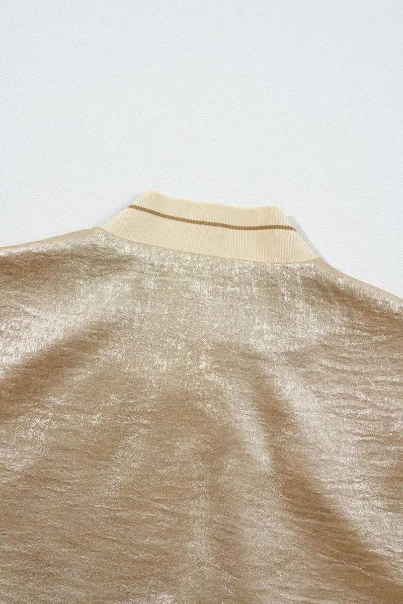 Women's Baseball Jacket - Khaki Metallic Zip-Up - Casual Fall