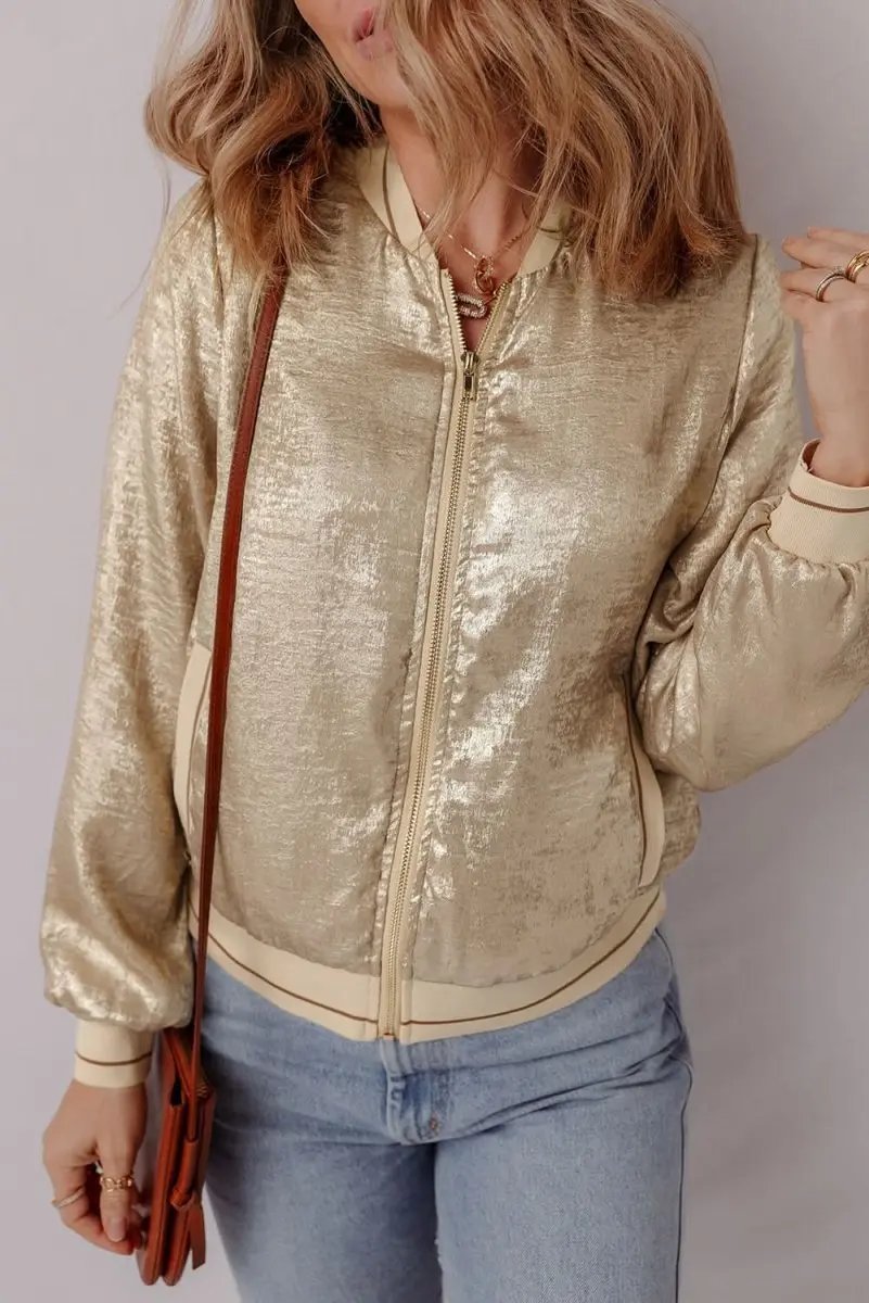 Women's Baseball Jacket - Khaki Metallic Zip-Up - Casual Fall