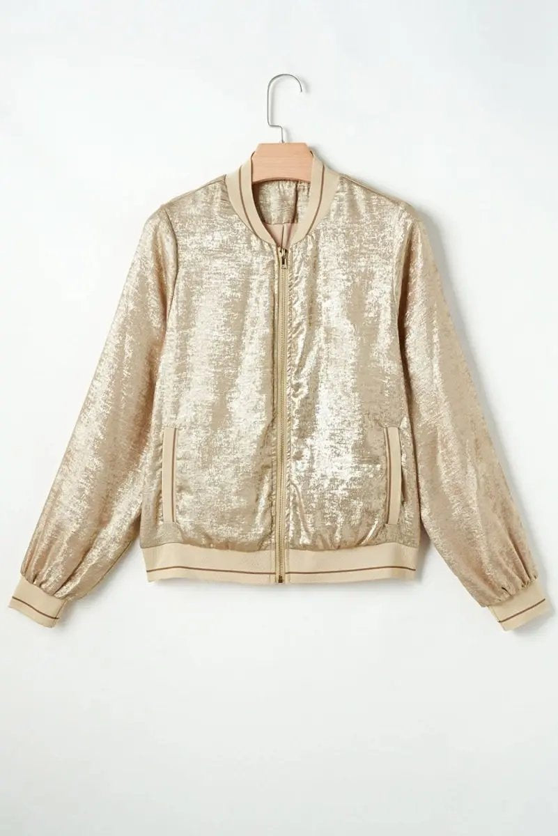 Women's Baseball Jacket - Khaki Metallic Zip-Up - Casual Fall