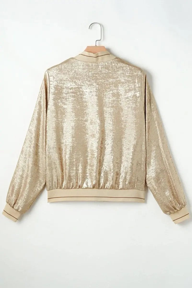 Women's Baseball Jacket - Khaki Metallic Zip-Up - Casual Fall