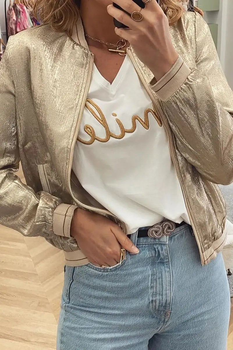 Women's Baseball Jacket - Khaki Metallic Zip-Up - Casual Fall