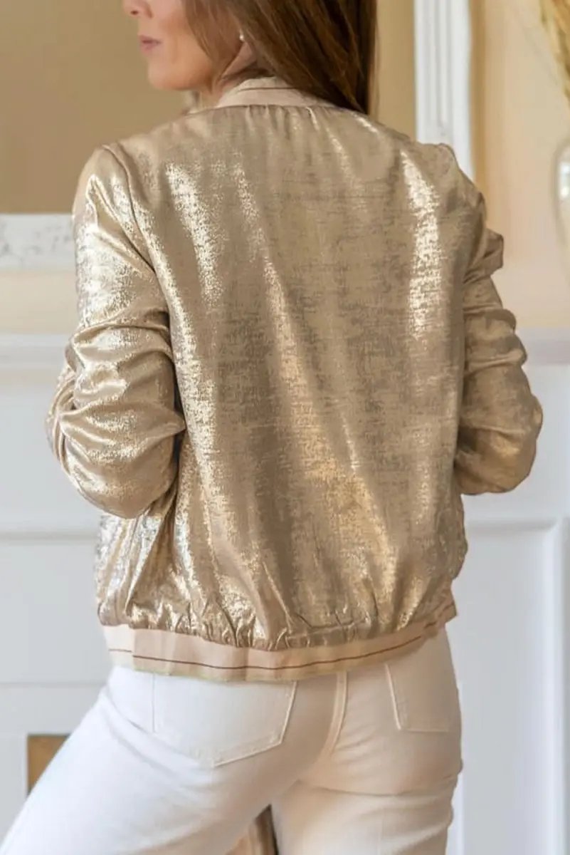 Women's Baseball Jacket - Khaki Metallic Zip-Up - Casual Fall