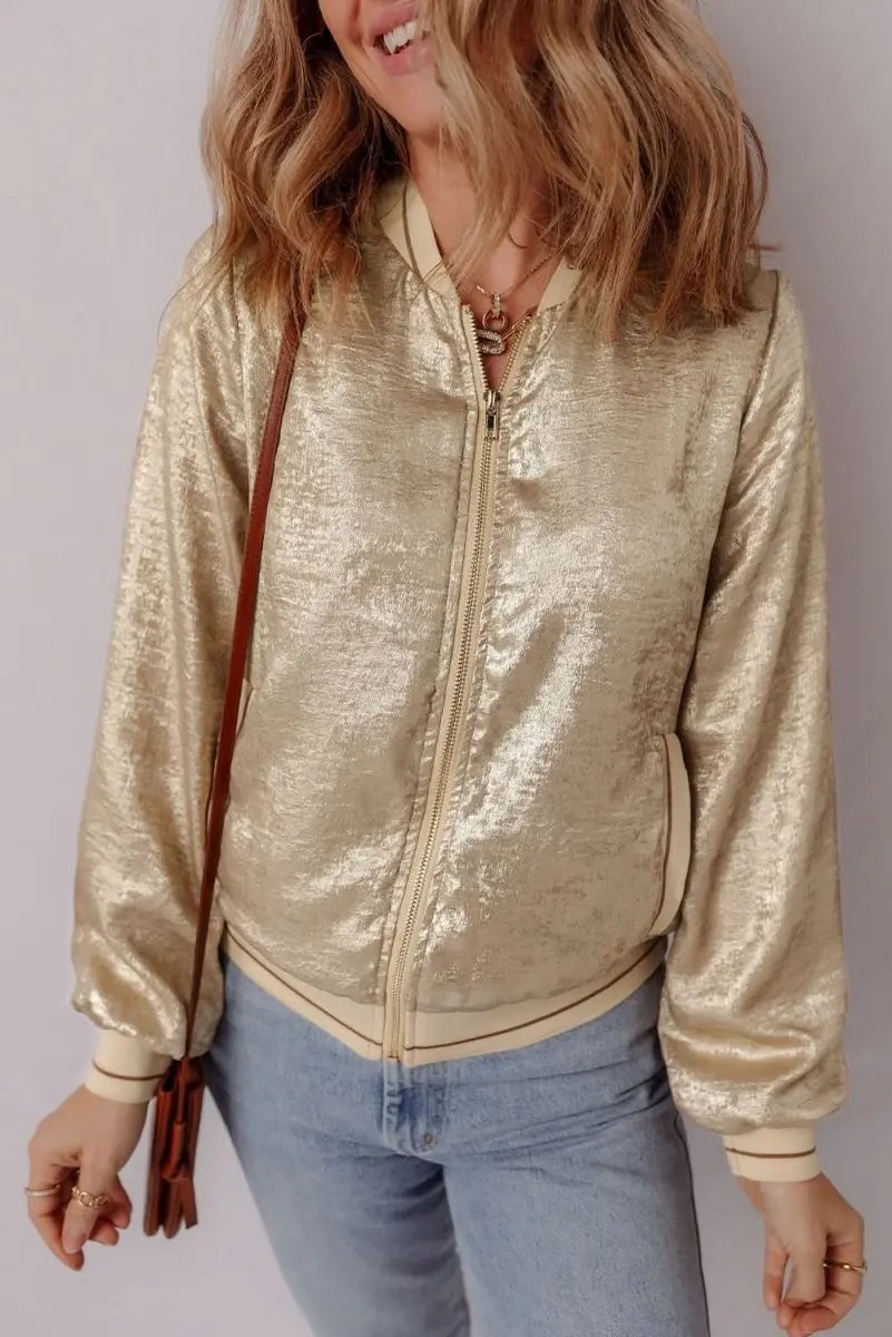 Women's Baseball Jacket - Khaki Metallic Zip-Up - Casual Fall