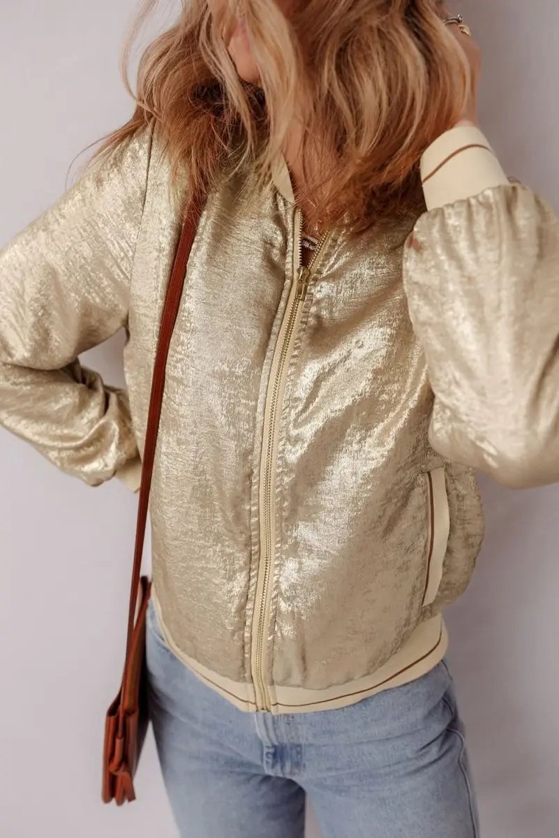Women's Baseball Jacket - Khaki Metallic Zip-Up - Casual Fall