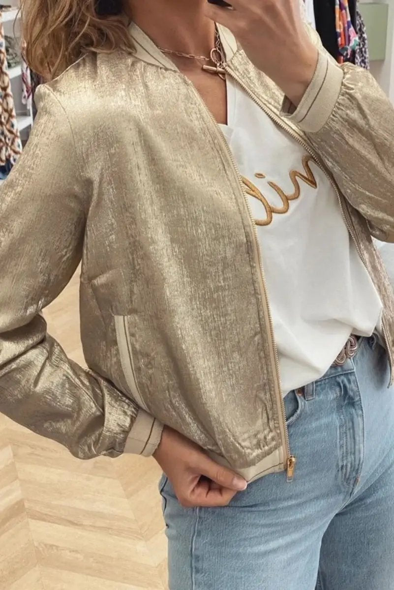 Women's Baseball Jacket - Khaki Metallic Zip-Up - Casual Fall