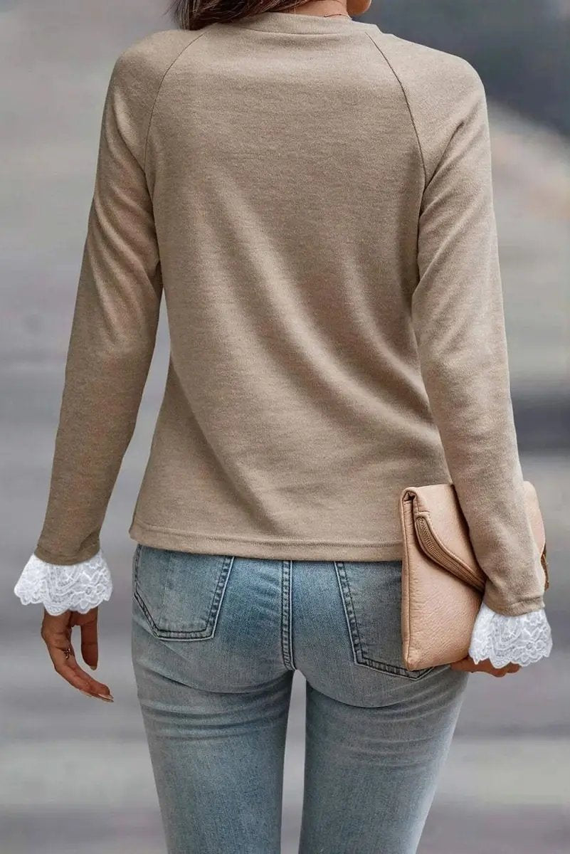 Women's Blouse - Elegant Raglan Sleeve - Parchment Lace Cuff