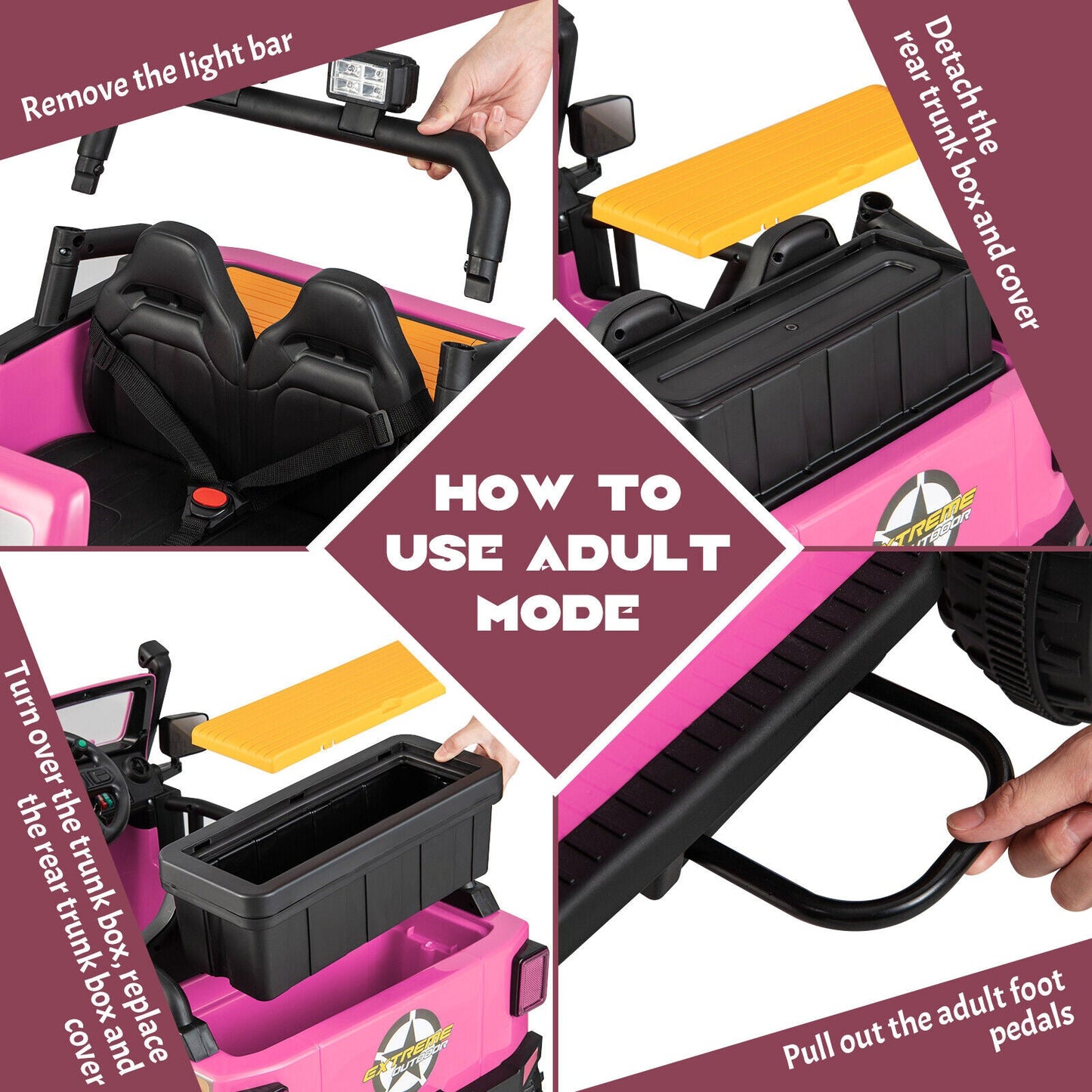 Parent-Child Ride On Truck Car with Remote Control, LED Lights, and Music - Pink (12V 10AH)