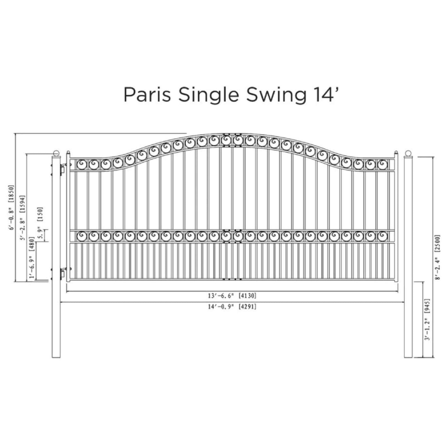 [12-18FT] Heavy-Duty Paris-Style Galvanized Steel Single-Swing Driveway Gate (SAK78643)