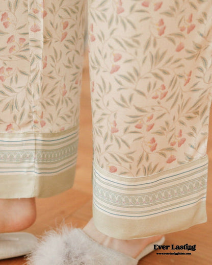 Pastoral Floral Short-Sleeve Long-Pants Pajama Set / Green