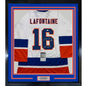 Framed Autographed/Signed Pat Lafontaine HOF 03 35x39 New York White Hockey Jersey JSA COA