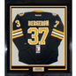 Framed Autographed/Signed Patrice 35x39 Bergeron Personalized To Anthony Boston Bruins Black Hockey Jersey JSA COA